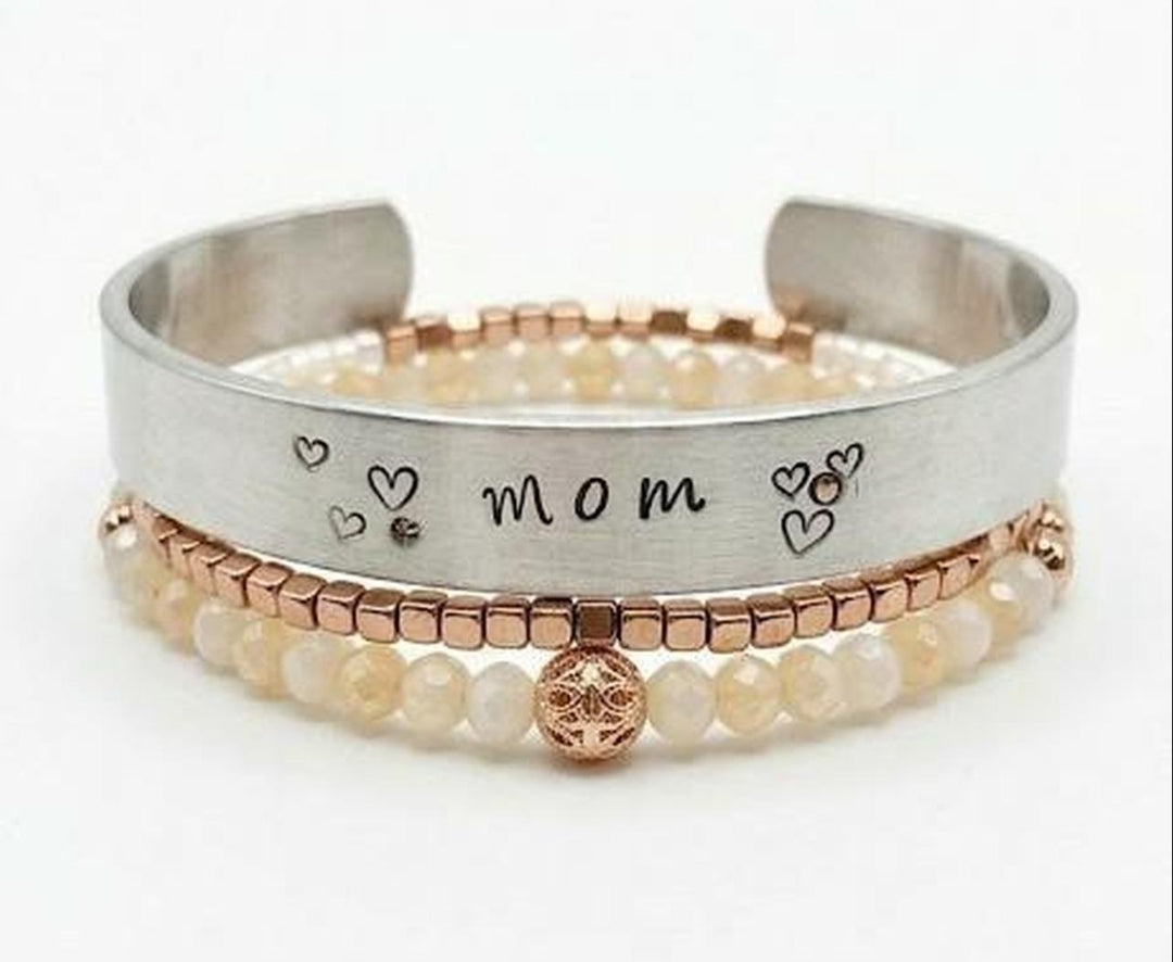 Desert Rose "MOM" Hand-Stamped Cuff & Bead Stack