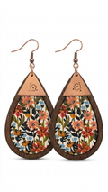 Handstamped Floral Meadow Teardrop Leather & Wood Earrings