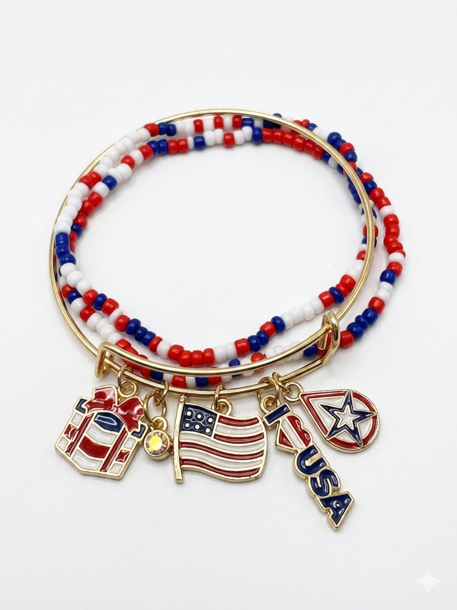 Patriotic "Stars & Stripes" Charm Stack: USA Bracelet Set