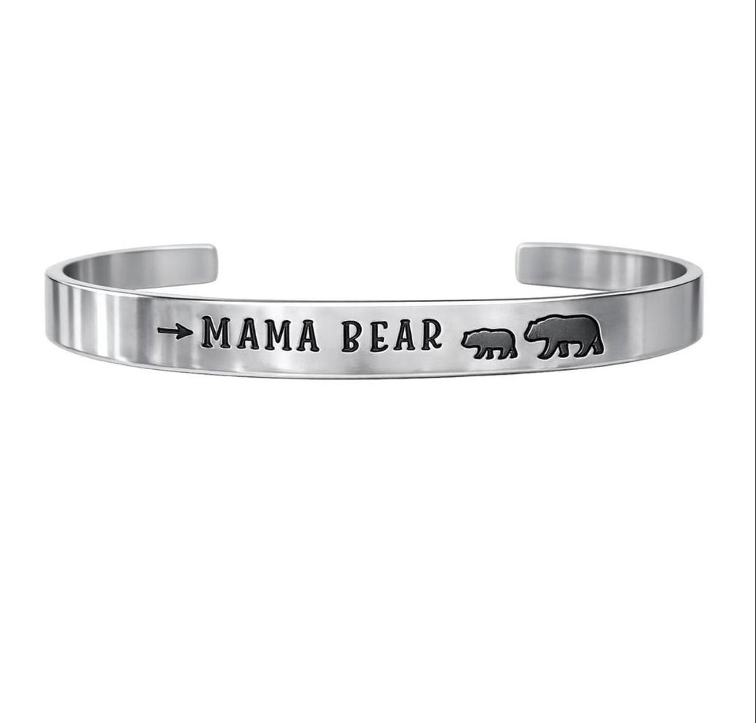 "Mama Bear" Hand-Stamped Polished Aluminum Cuff