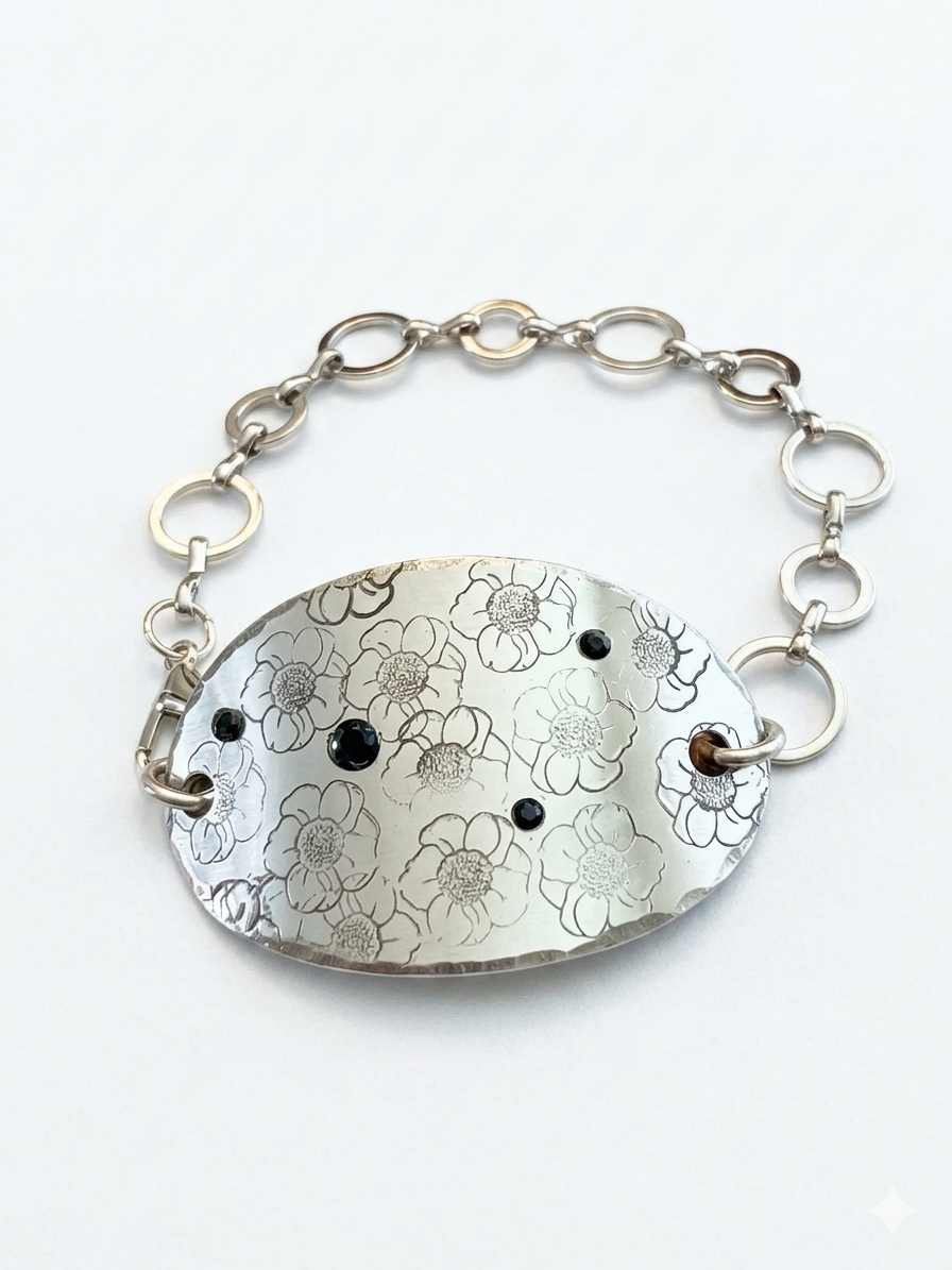 Hand-Stamped Scattered Floral Gemstone Chain Bracelet