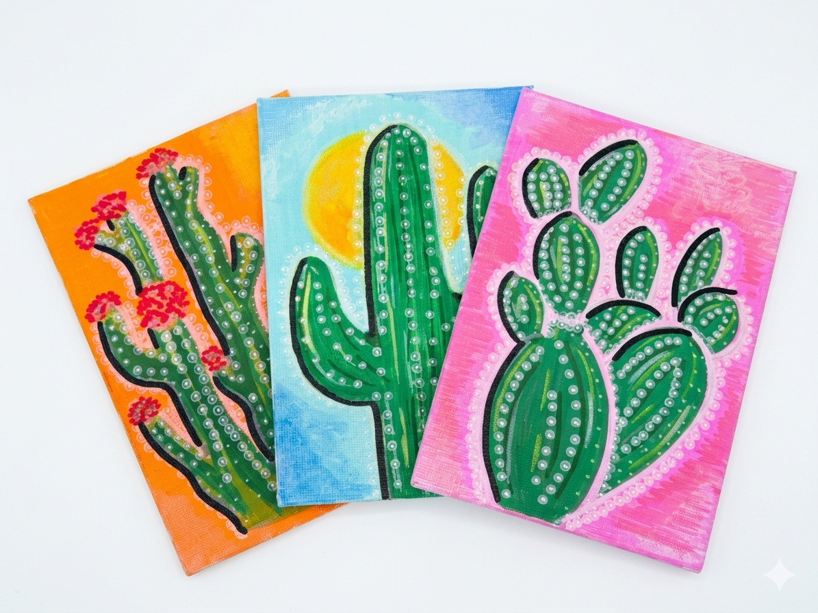 Hand-Painted Cactus Canvas Art Set – Original 4x6 Acrylic Desert Paintings (Set of 3), Vibrant Boho Chic Wall Decor