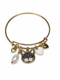 Cat Lady Gold Charm Bangle Bracelet – Handcrafted Kitty with Glasses, Pearl & Hearts