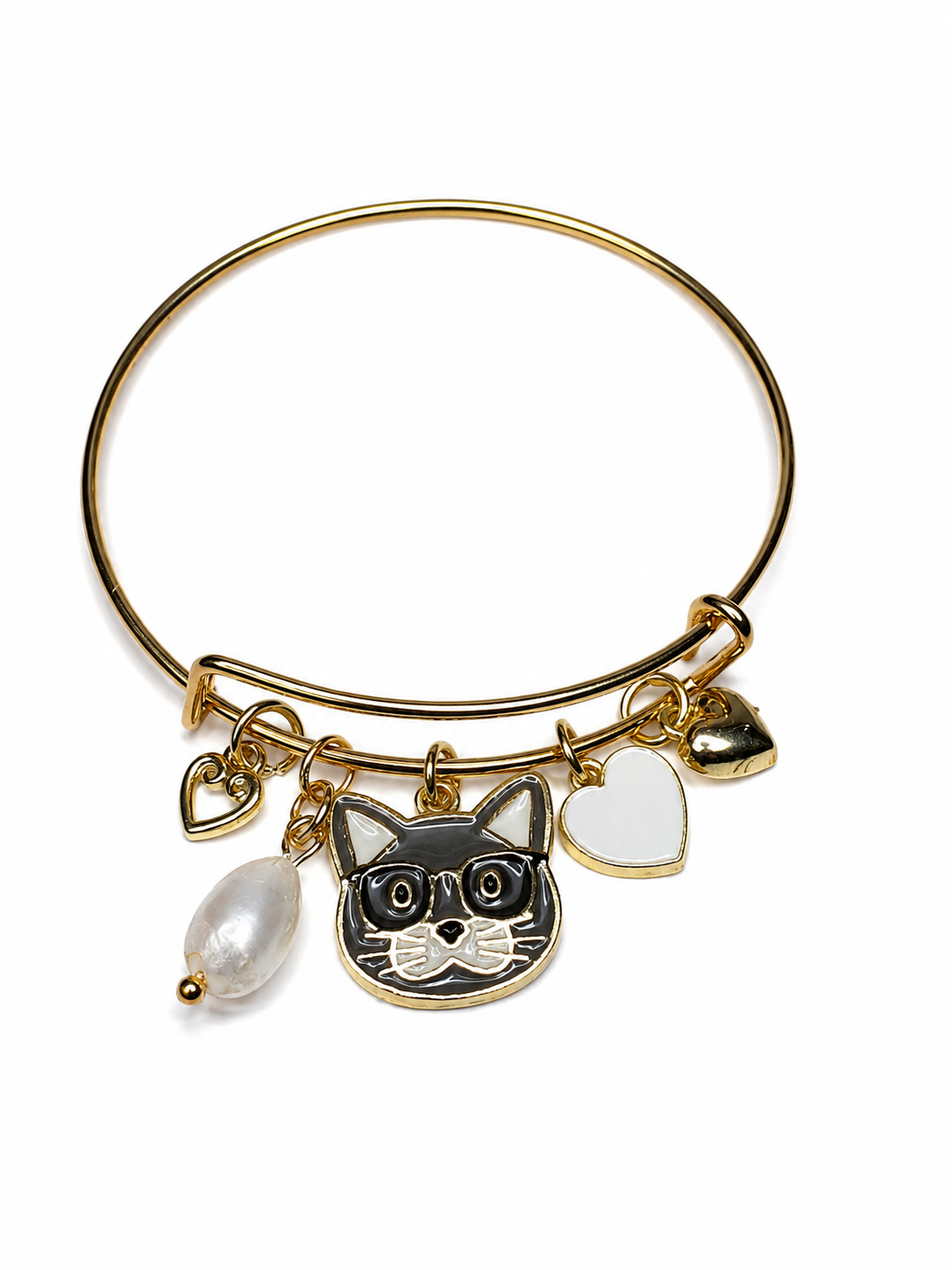 Cat Lady Gold Charm Bangle Bracelet – Handcrafted Kitty with Glasses, Pearl & Hearts