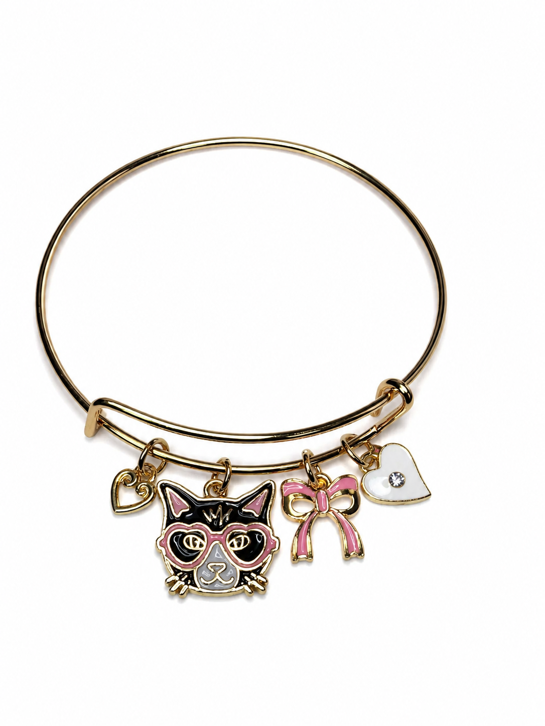 Pink Cat Lover Charm Bangle Bracelet | Handcrafted Gold-Tone Bracelet