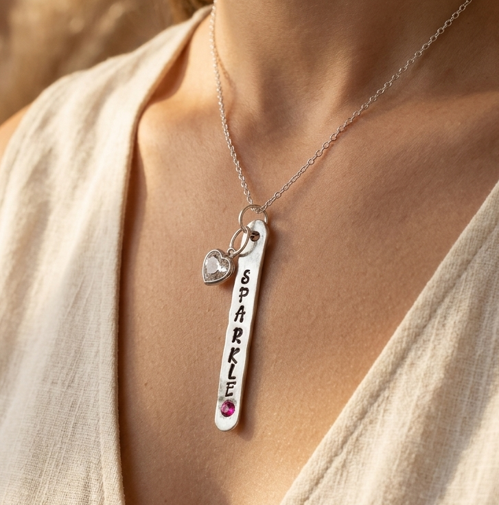 "SPARKLE" Hand-Stamped Aluminum Bar Necklace