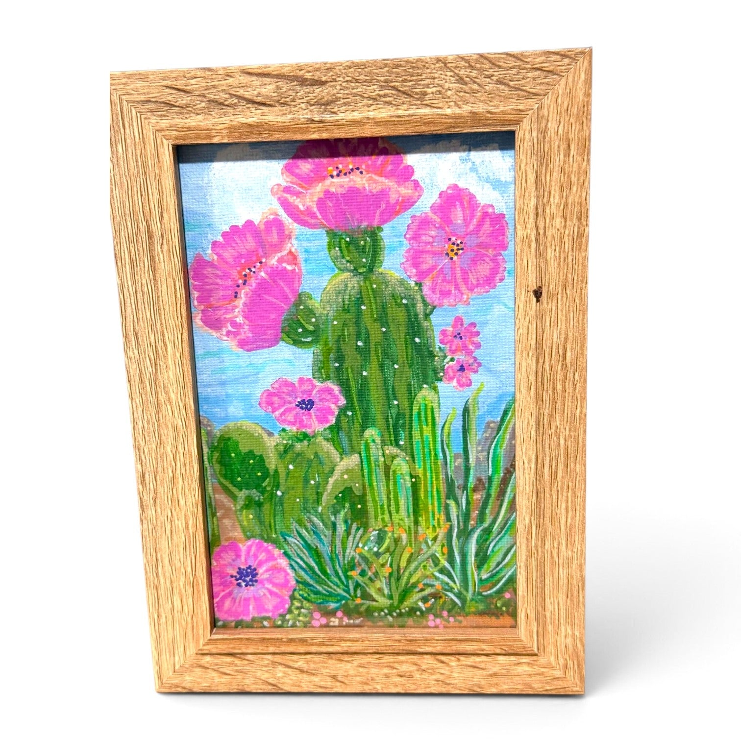 Pink Desert Blossom - Original 4x6 Framed Acrylic Canvas Painting