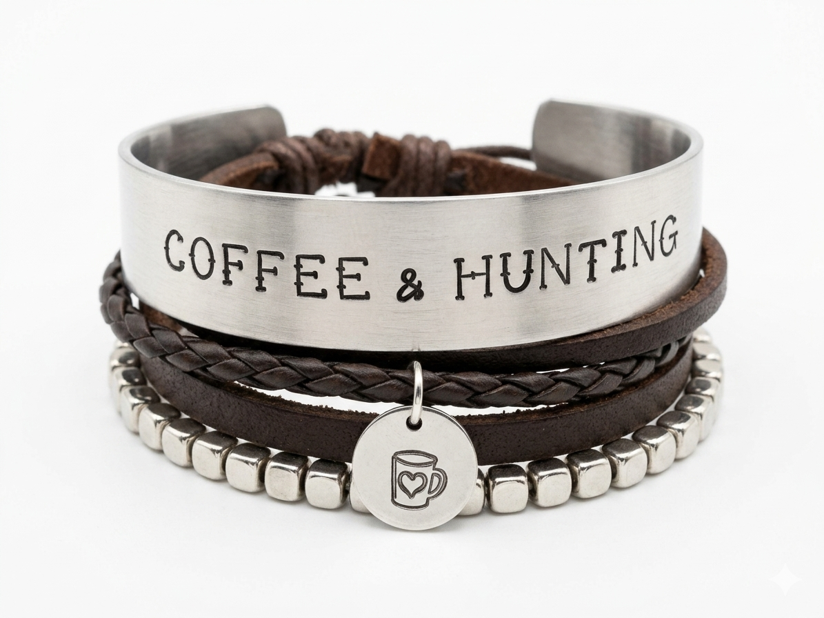 Coffee & Hunting Leather Layered Bracelet Stack