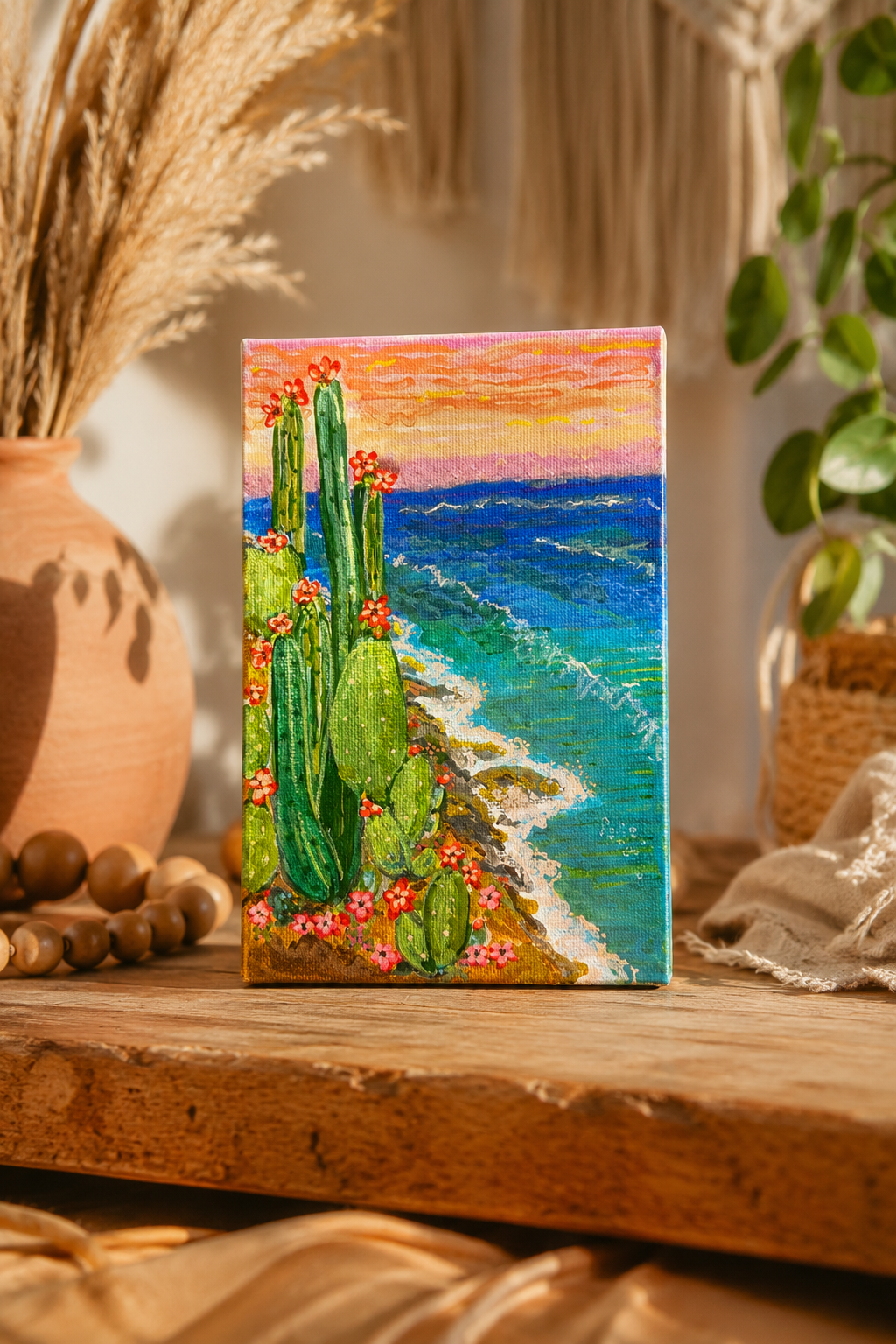 Original 4x6 Acrylic Painting - Desert Ocean Sunset Canvas Art