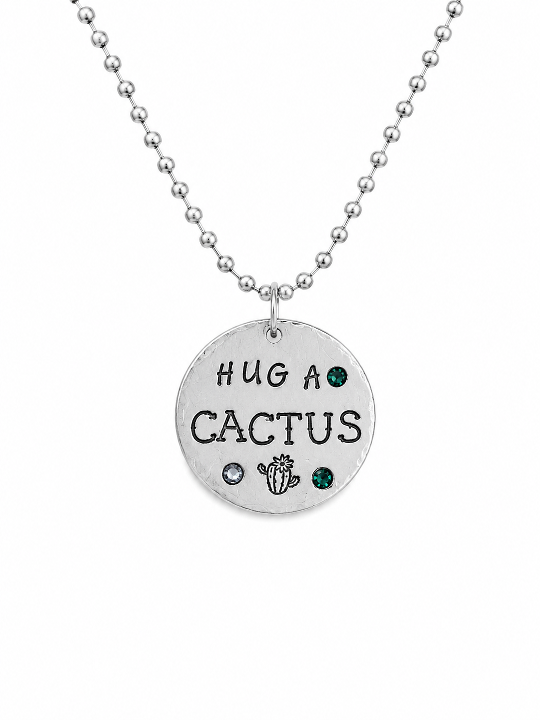 Hug a Cactus Necklace | Hand-Stamped Polished Aluminum Pendant with Genuine Gemstone Accents