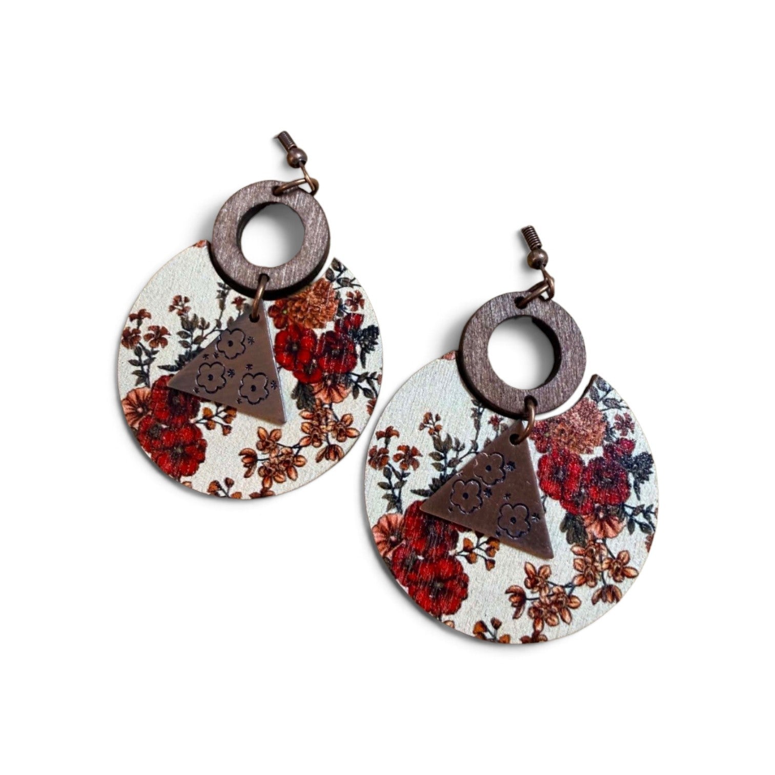 Vintage Inspired Floral & Stamped Metal Circle Dangle Earrings