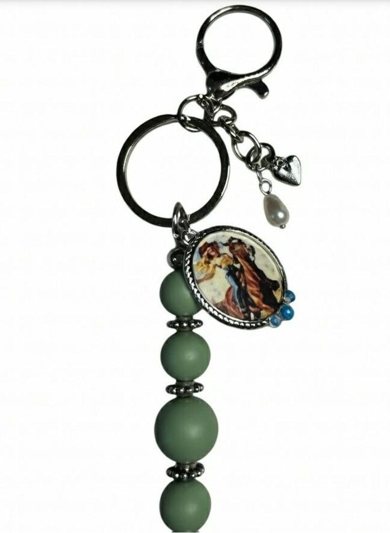 Vintage Cowgirl Cameo Keychain – Sage & Silver Western Charm