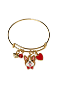 Corgi Love Gold Charm Bangle Bracelet – Handcrafted Puppy with Red Bow & Hearts