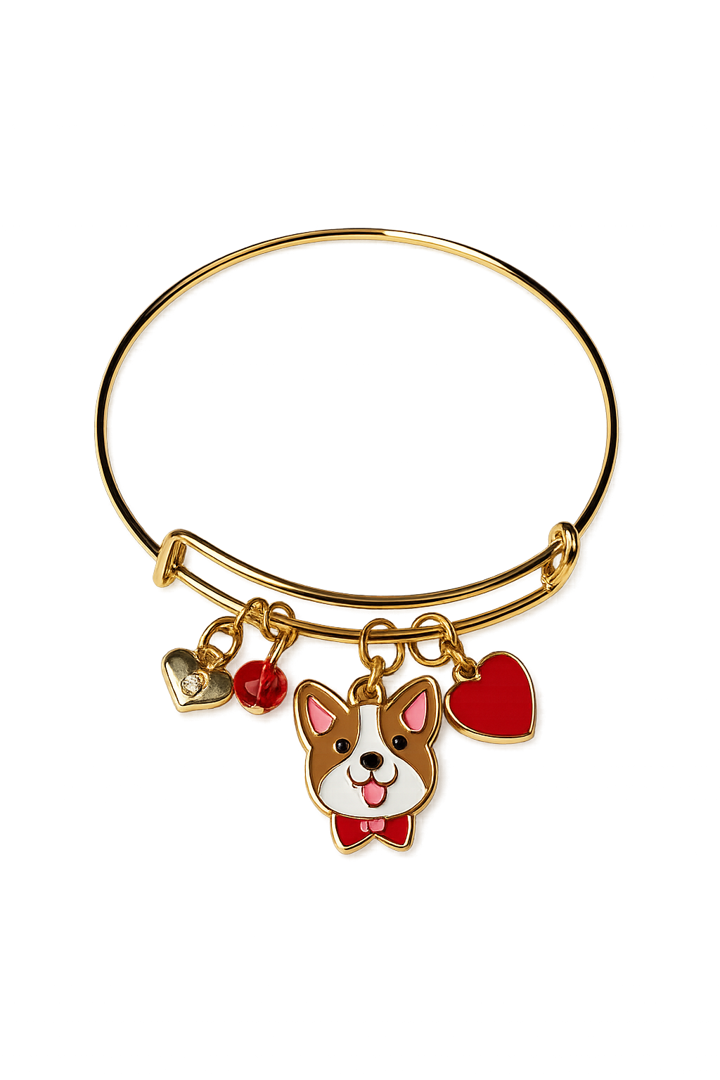 Corgi Love Gold Charm Bangle Bracelet – Handcrafted Puppy with Red Bow & Hearts