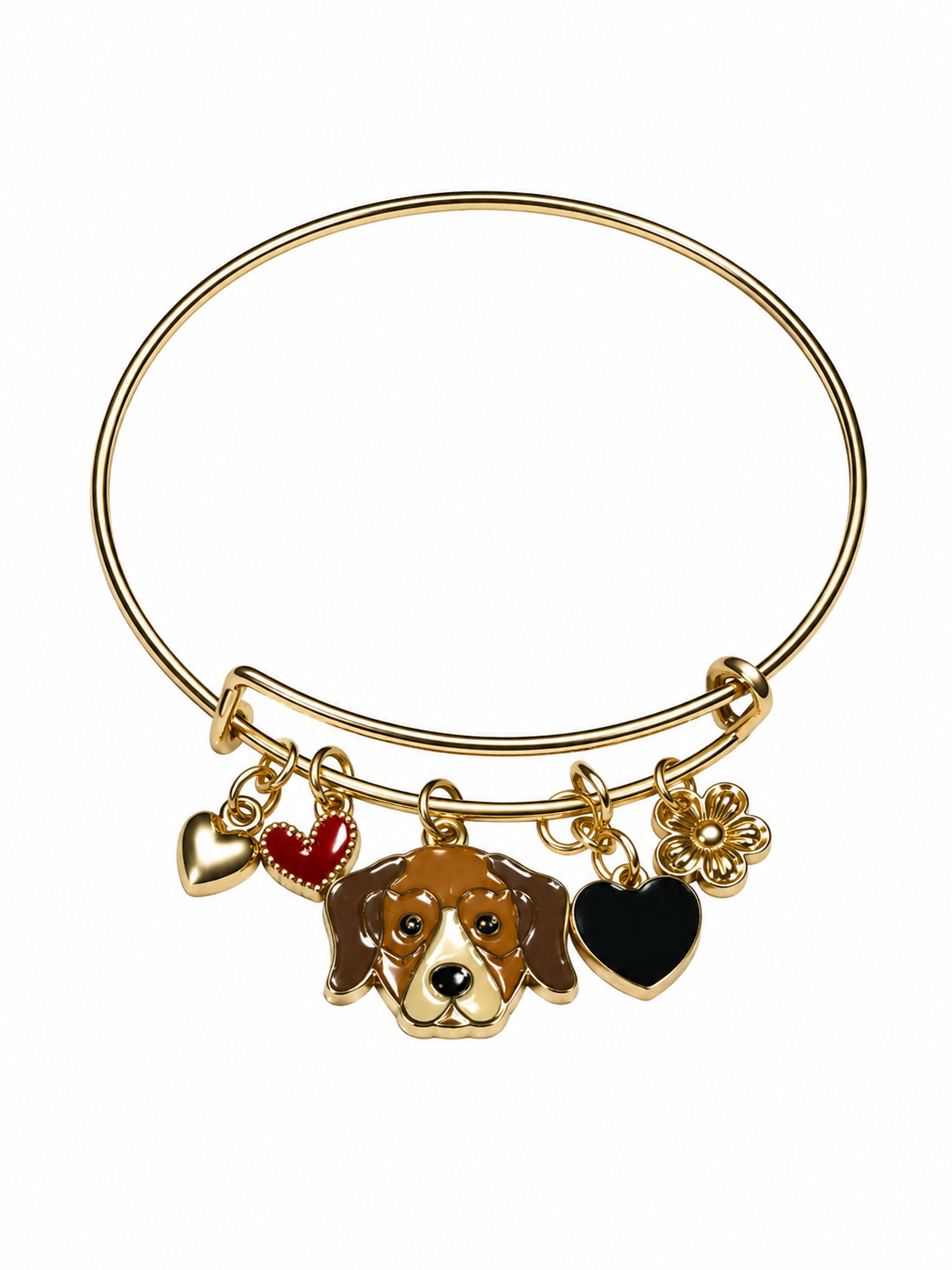 Puppy Love Gold Charm Bangle Bracelet – Handcrafted Hound, Hearts & Floral Accents