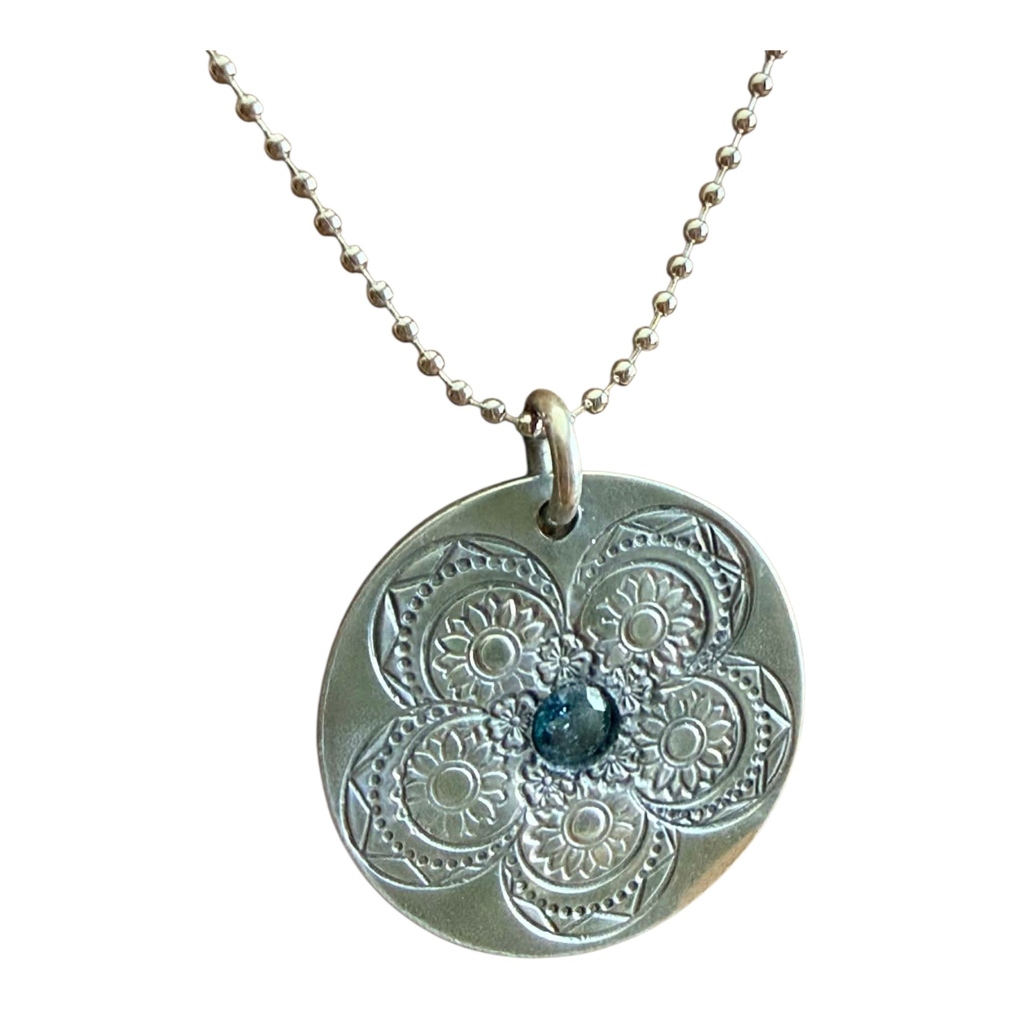Floral Mandala Pendant Necklace - Hand-Stamped Aluminum with Gemstone