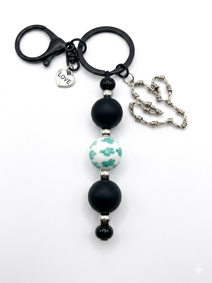 Desert Thorn Handmade Beaded Keychain | Matte Black & Cactus Charm
