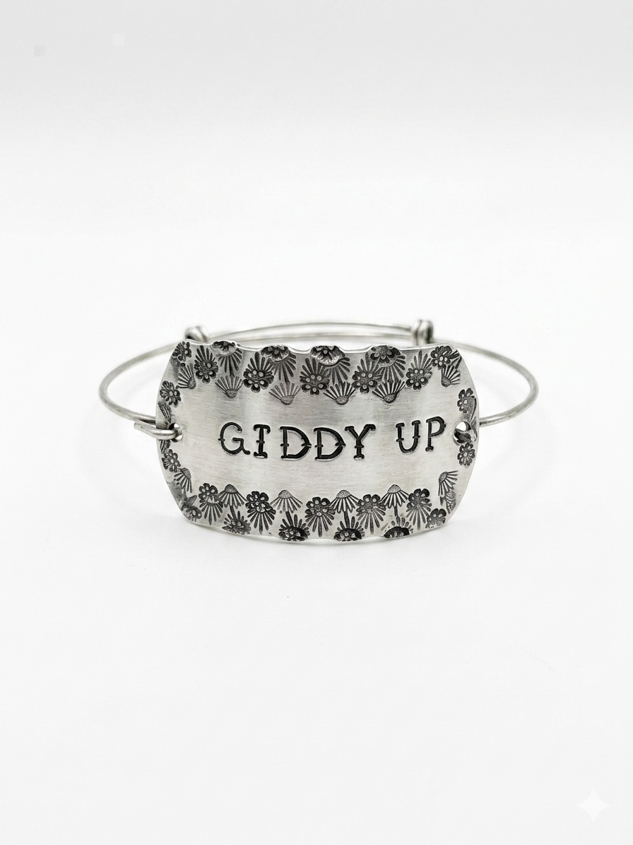 Hand-Stamped Polished Aluminum "Giddy Up" Cuff Bracelet