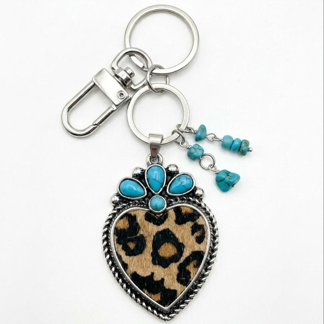 Wild at Heart Turquoise & Leopard Hair-on-Hide Keychain