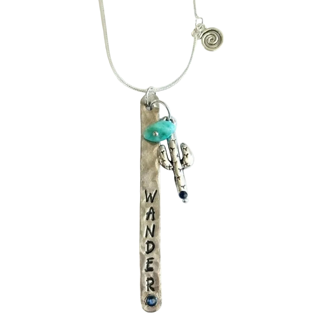 The Wanderer Bar Necklace | Hand-Stamped Aluminum with Turquoise & Saguaro Charms