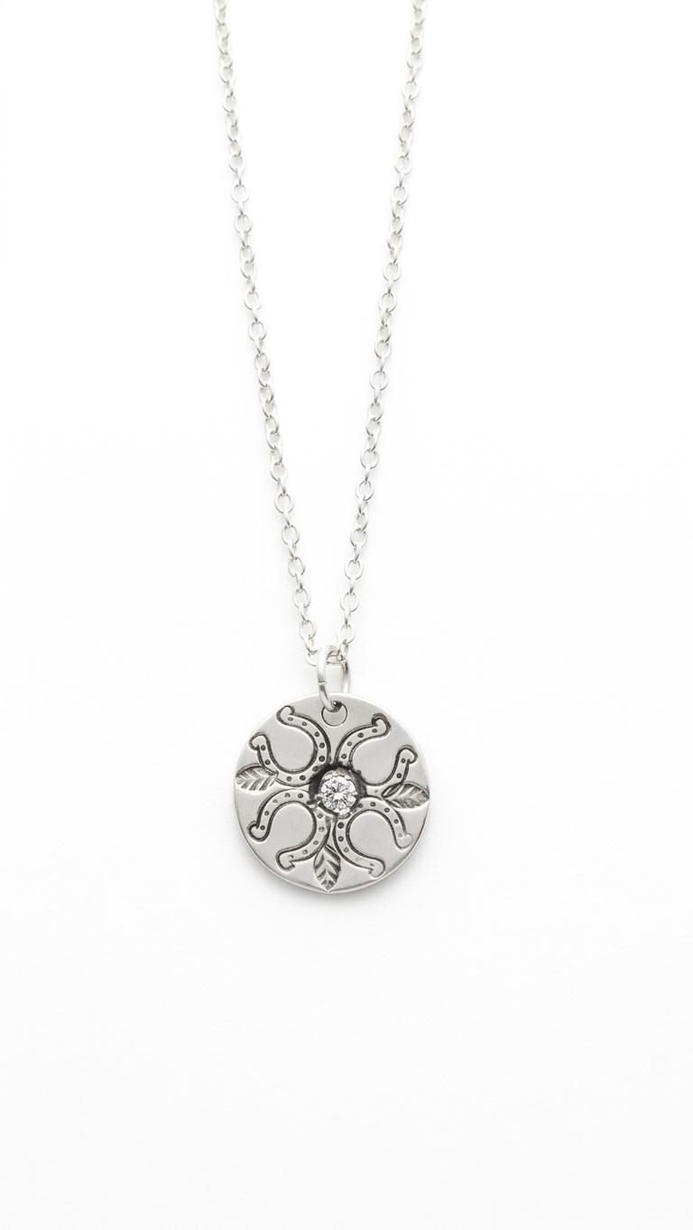 Handstamped Horseshoe Blossom Gemstone Pendant Necklace
