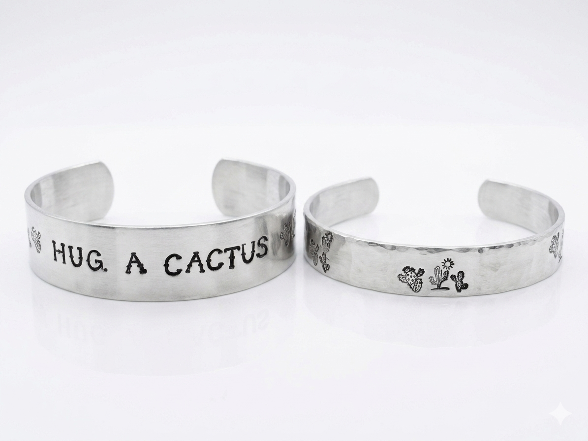 "Hug a Cactus" Hand-Stamped Aluminum Cuff Set