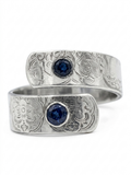 Handcrafted Polished Aluminum Wrap Ring with Genuine Blue Sapphire – Floral Hand-Stamped Boho Stack Ring