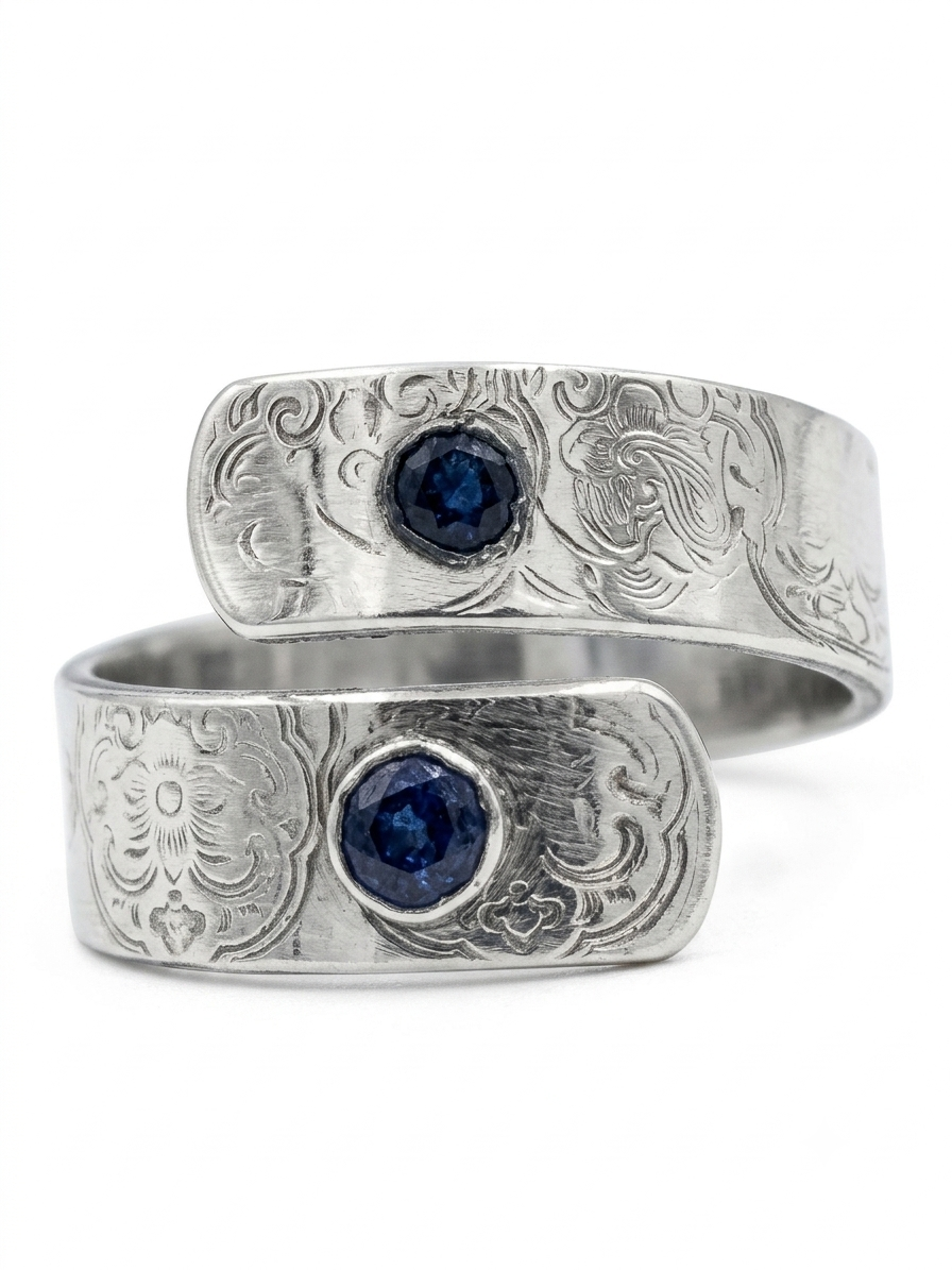 Handcrafted Polished Aluminum Wrap Ring with Genuine Blue Sapphire – Floral Hand-Stamped Boho Stack Ring