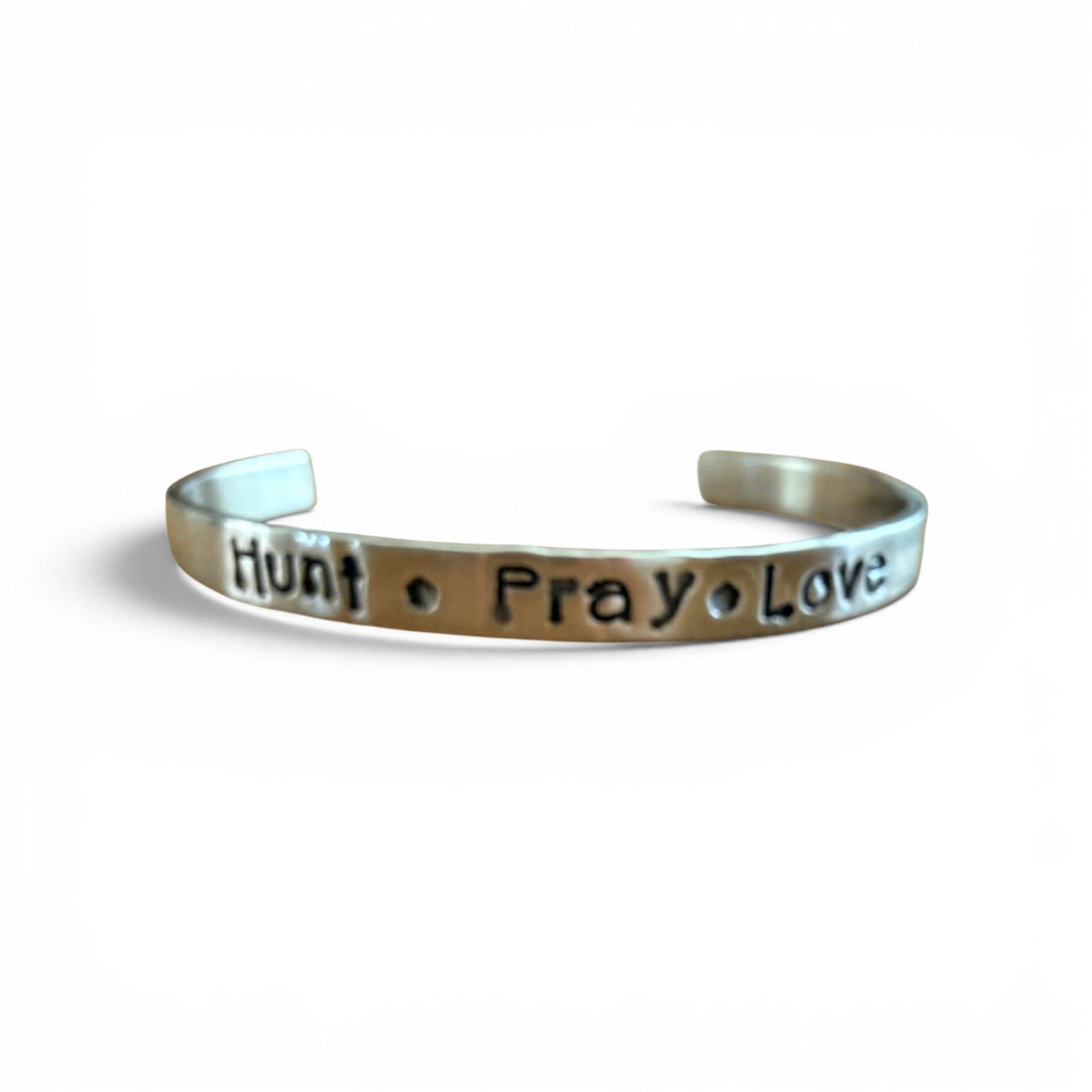 "Hunt, Pray, Love" Cuff Bracelet - Hand-Stamped Aluminum Jewelry