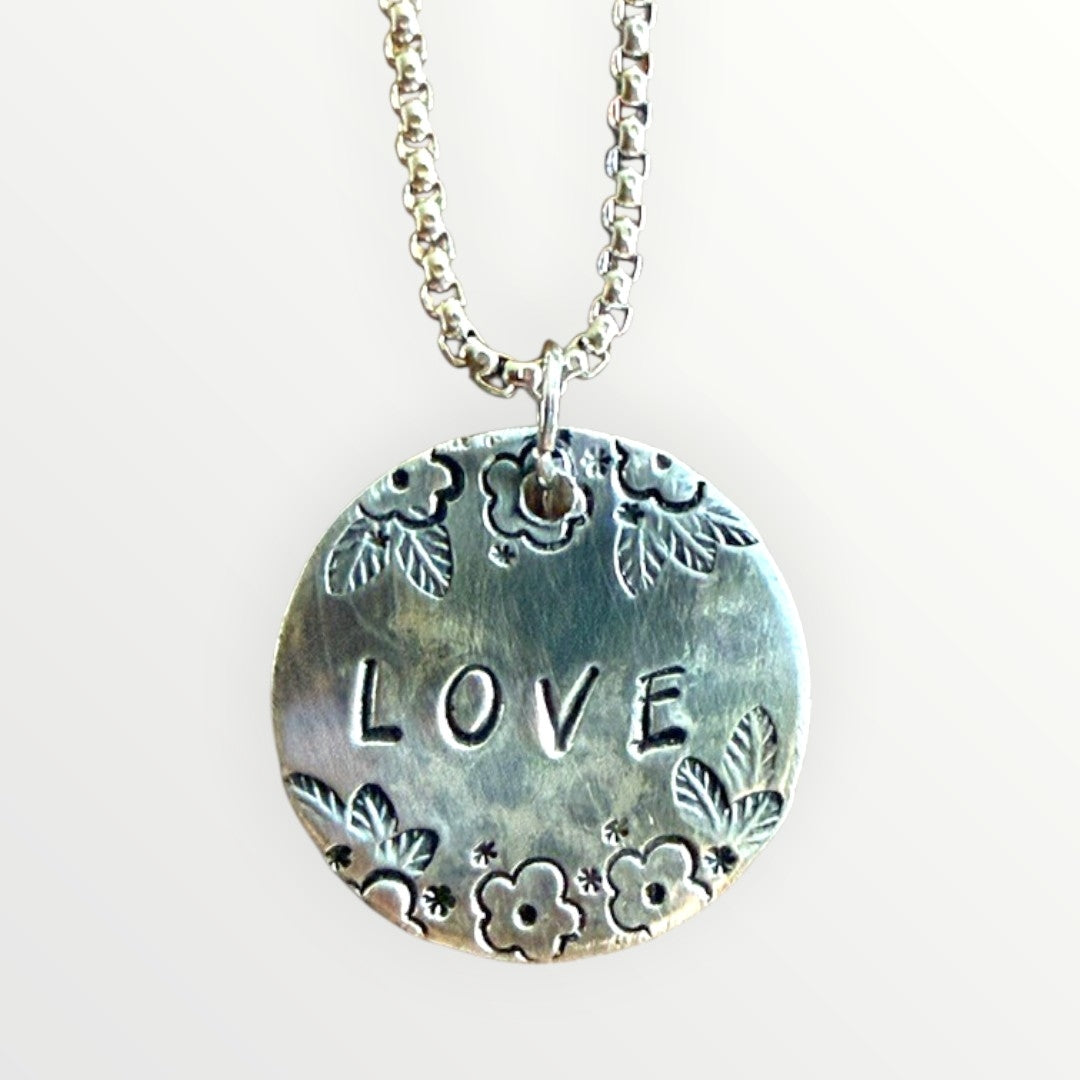 Hand-Stamped "LOVE" Floral Necklace