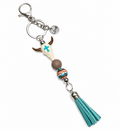 Western Boho Bull Skull Keychain – Handcrafted Turquoise Tassel Accessory