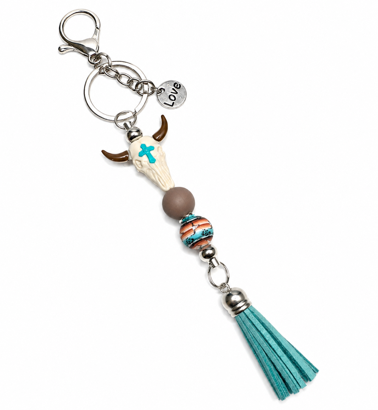 Western Boho Bull Skull Keychain – Handcrafted Turquoise Tassel Accessory