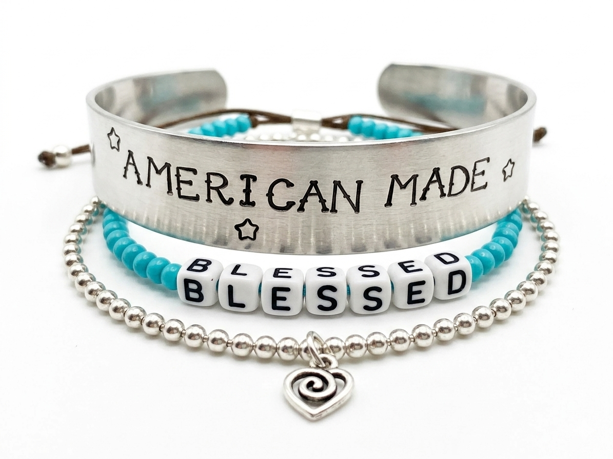 "American Made & Blessed" Hand-Stamped Cuff & Beaded Bracelet Stack — 3-Piece Set