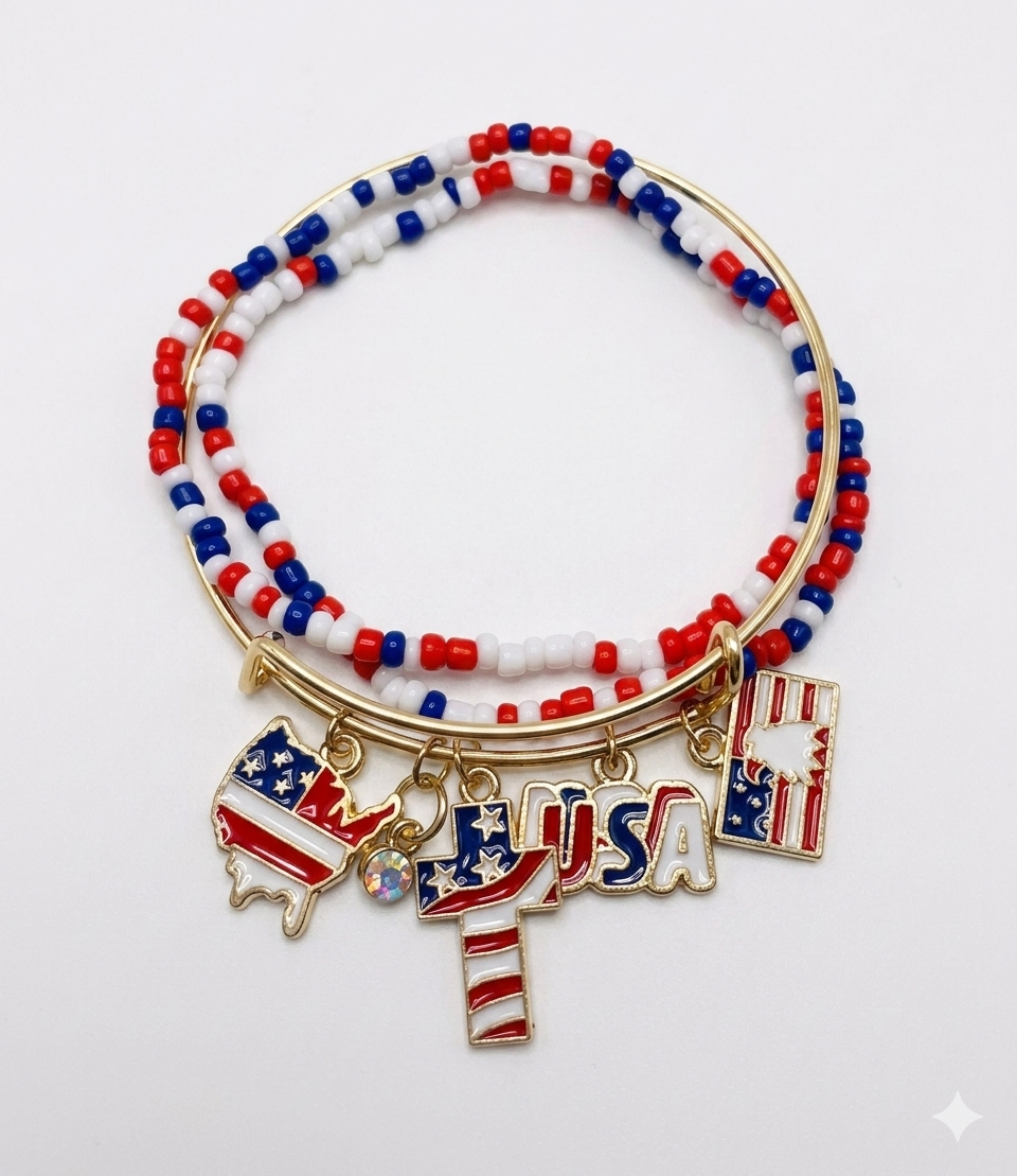 Patriotic Charm Stack: 4th of July Beaded Bracelet Set