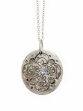 Hand-Pressed Floral Mandala Aluminum Pendant Necklace with Gemstone Accent – 1"