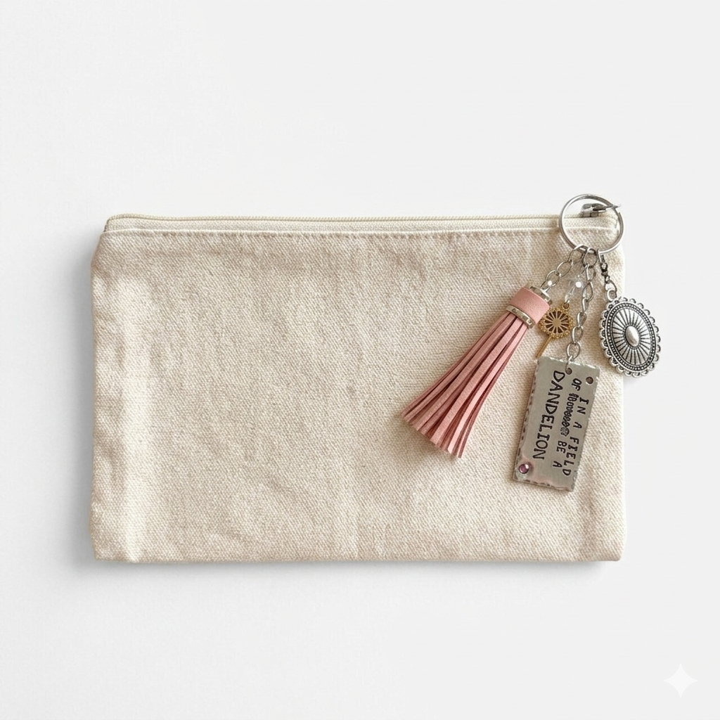 Boho-Chic Canvas Makeup Bags with Hand-Stamped Charms & Faux Suede Tassels