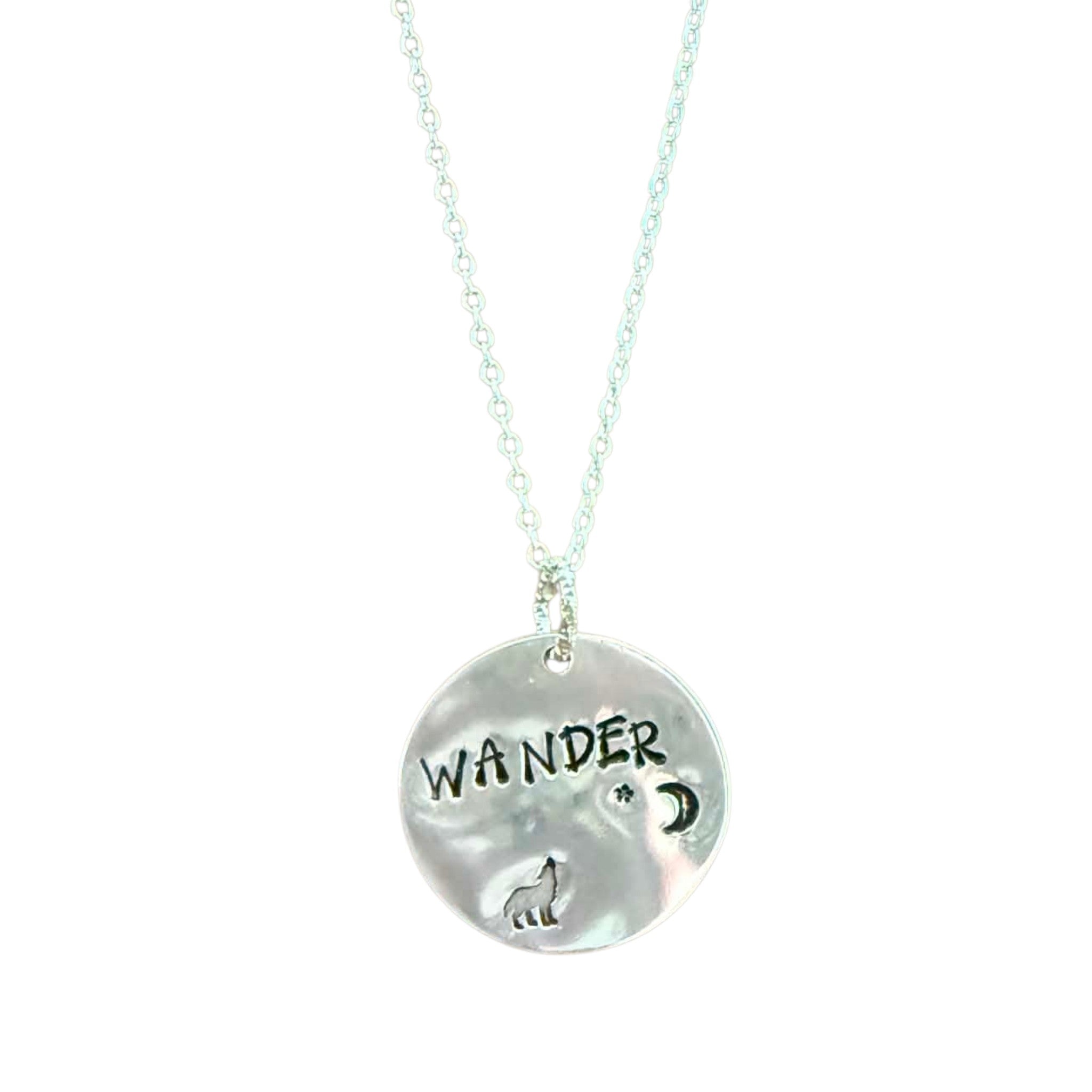 Hand-Stamped "Wander" Necklace - Artisan Aluminum Wolf & Moon Pendant