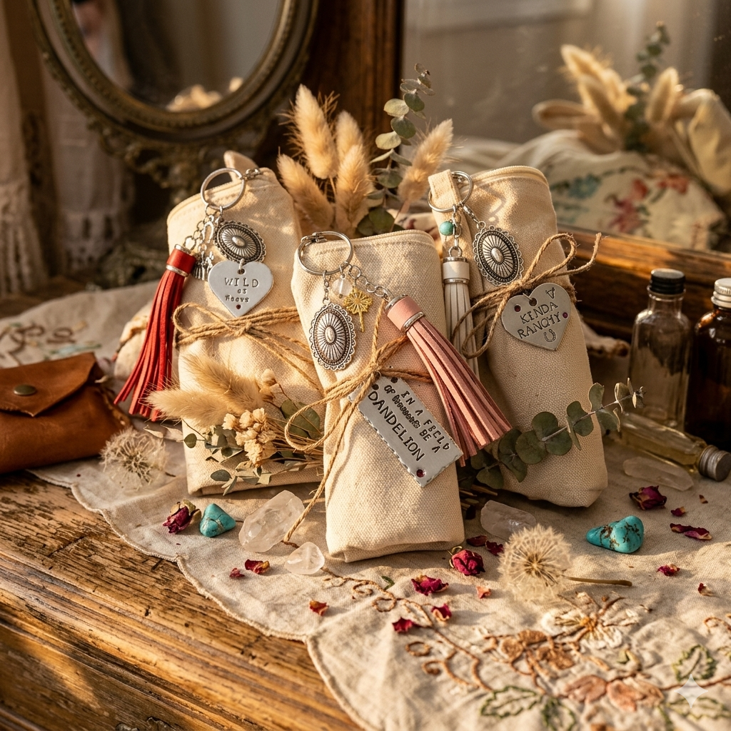 Boho-Chic Canvas Makeup Bags with Hand-Stamped Charms & Faux Suede Tassels