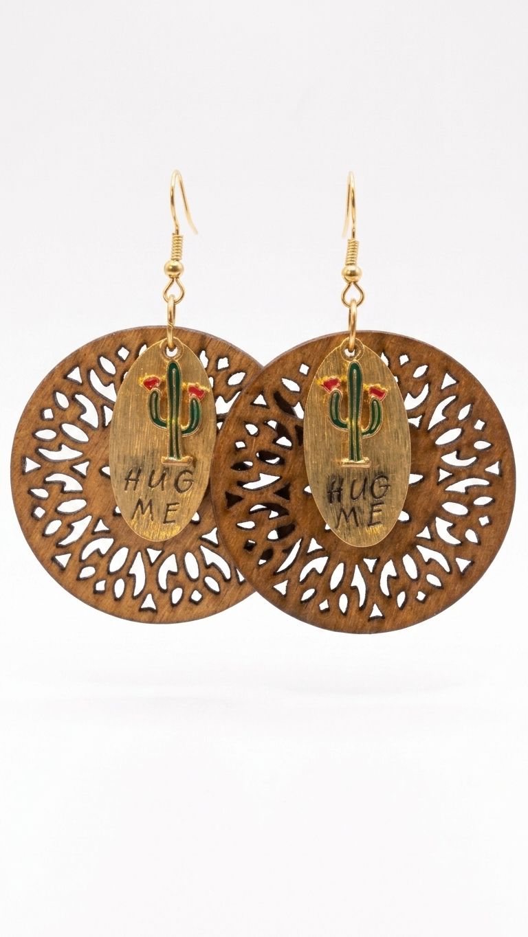 Hug Me Cactus Wooden Mandala Statement Earrings