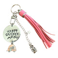 "Happy Camper" Keychain - Hand-Stamped Aluminum & Pink Tassel Charm