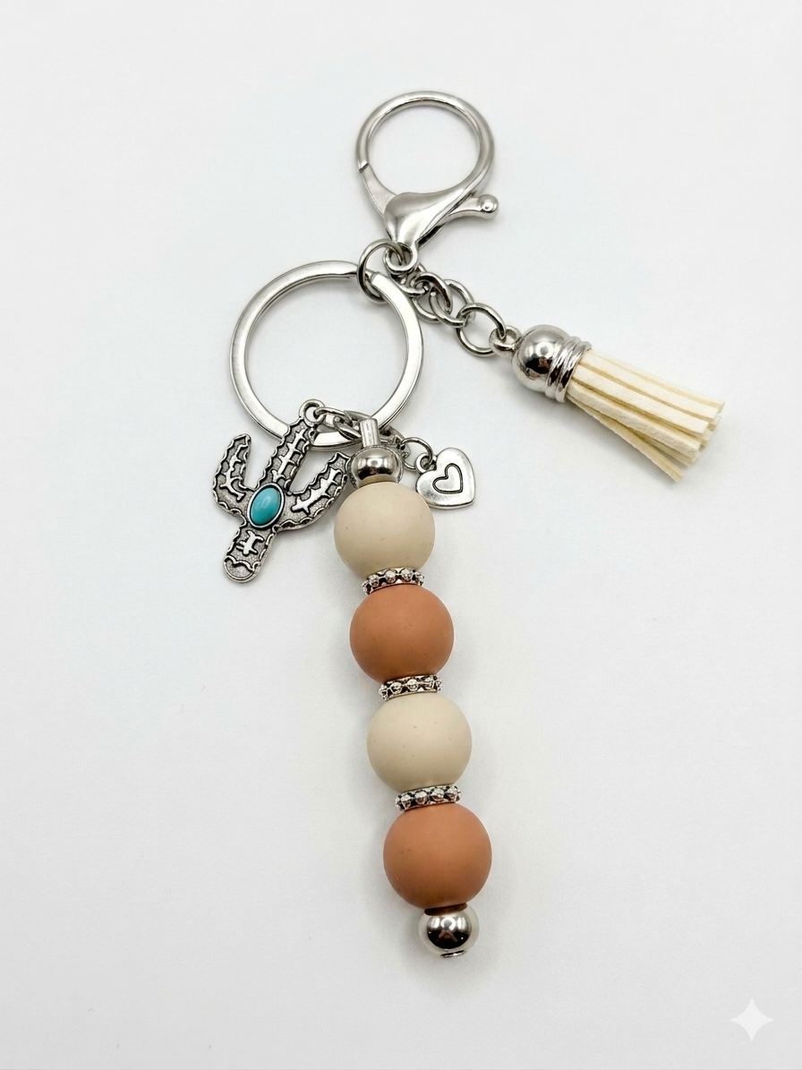Desert Cactus Beaded Keychain with Tassel