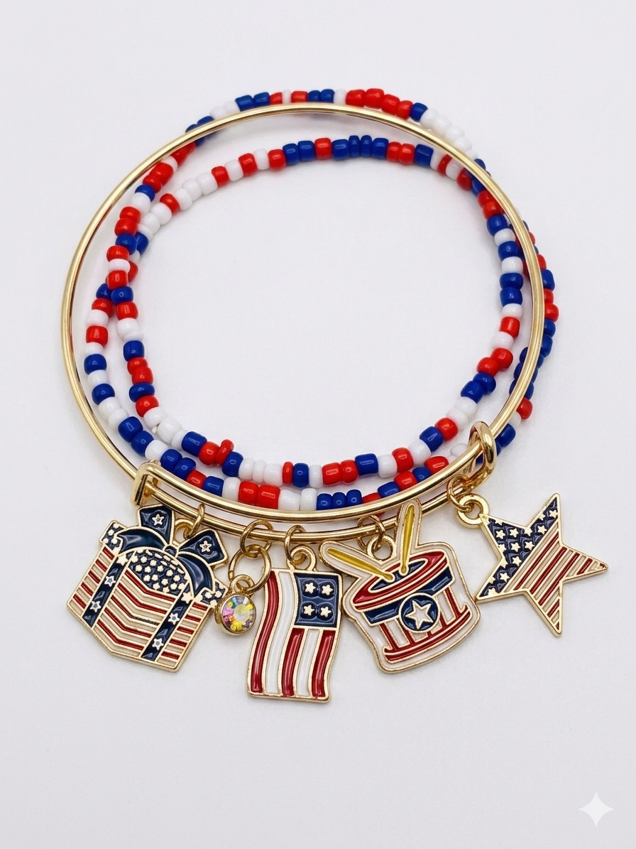 Patriotic "Celebration Parade" Charm Stack: Festive USA Bracelet