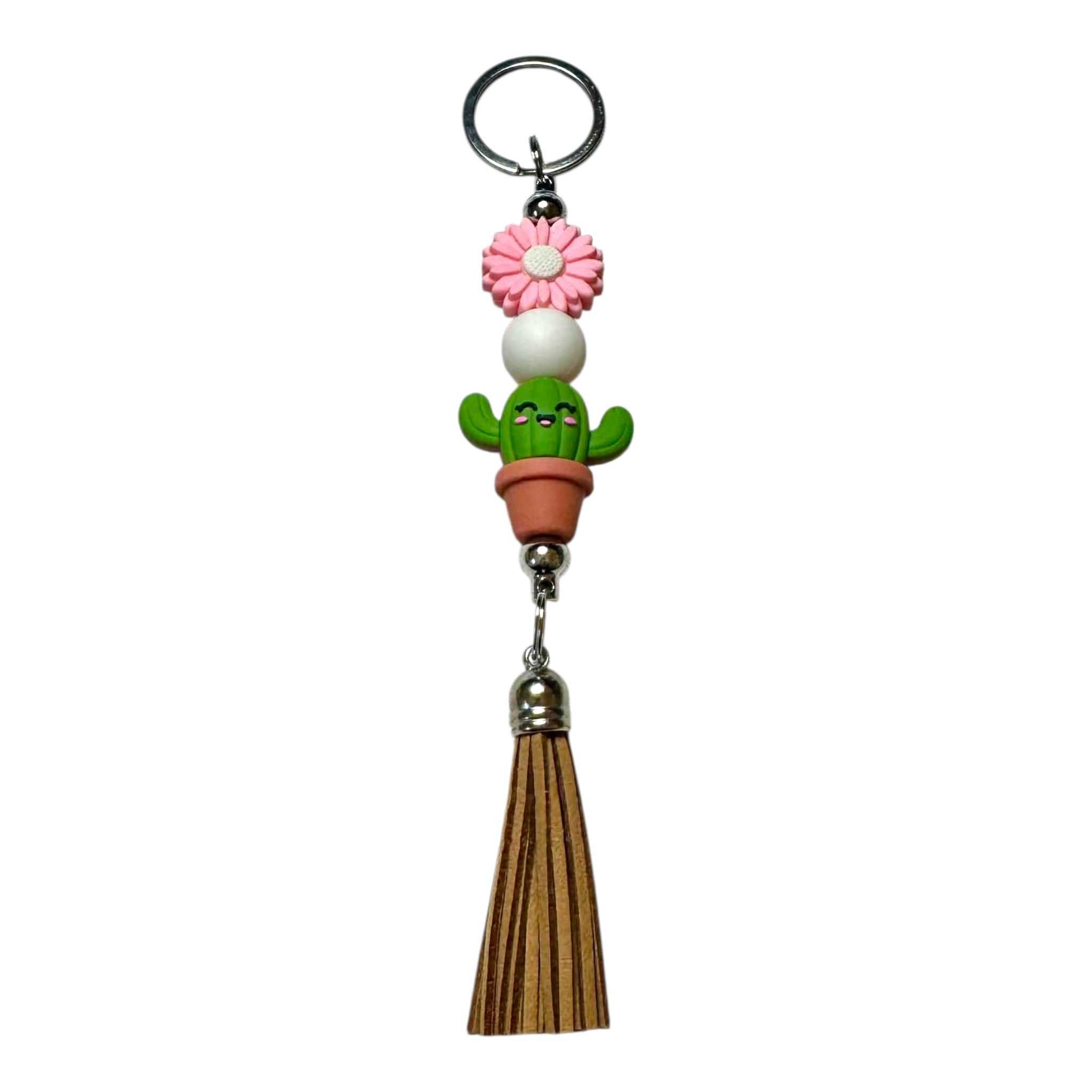 Handcrafted Smiling Cactus & Floral Tassel Keychain