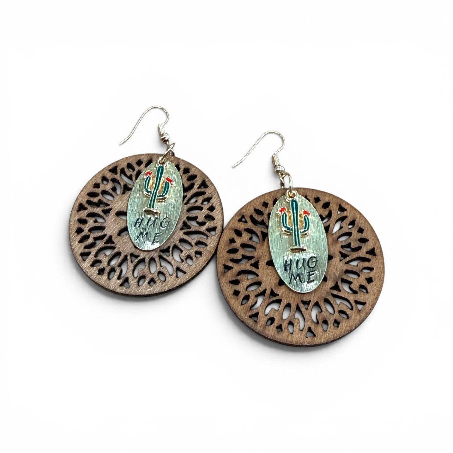 "Hug Me" Cactus Earrings - Handcrafted Wood & Metal Artisan Dangle Earrings