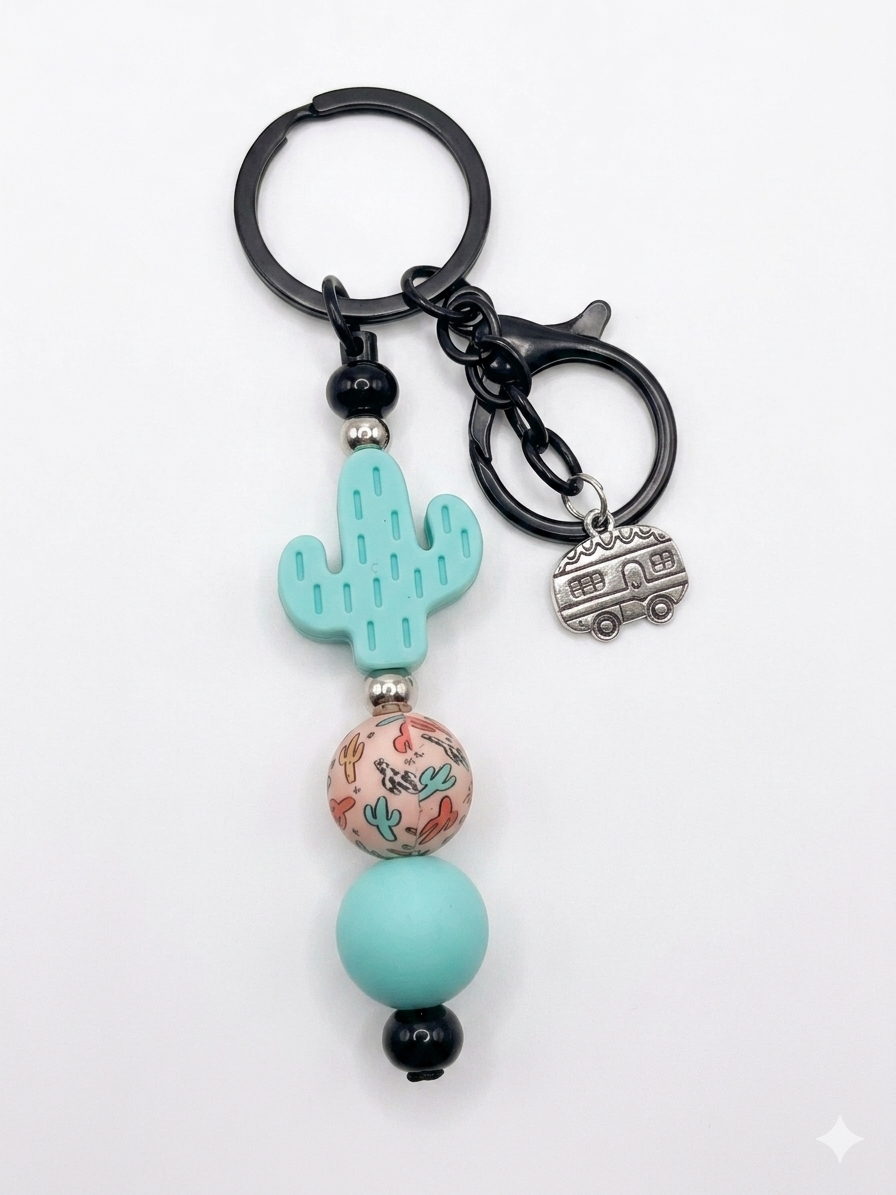 The Roadtrip Cactus Keychain – Handcrafted Western Camper Charm & Silicone Beads