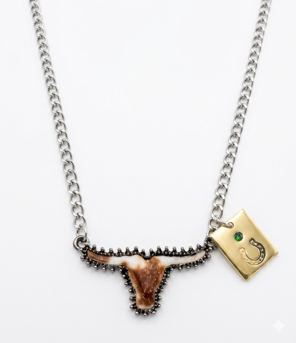 The "True Grit" Longhorn Statement Necklace – Hand-Stamped with Genuine Gemstones