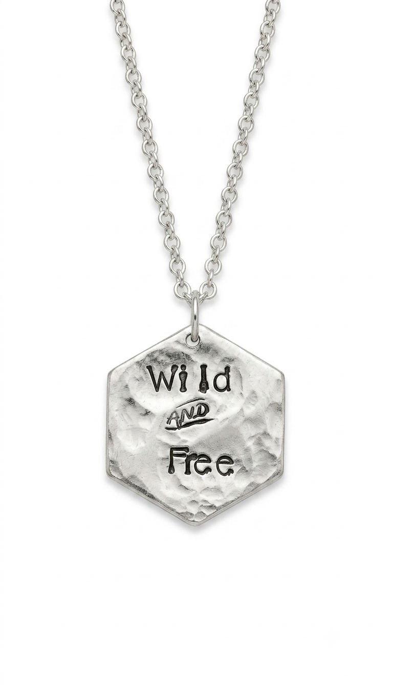 Wild and Free Handstamped Hammered Aluminum Hexagon Necklace