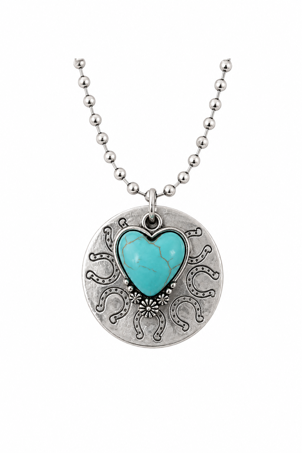 Horseshoe Sunburst Hand-Stamped Disc Necklace with Genuine Turquoise