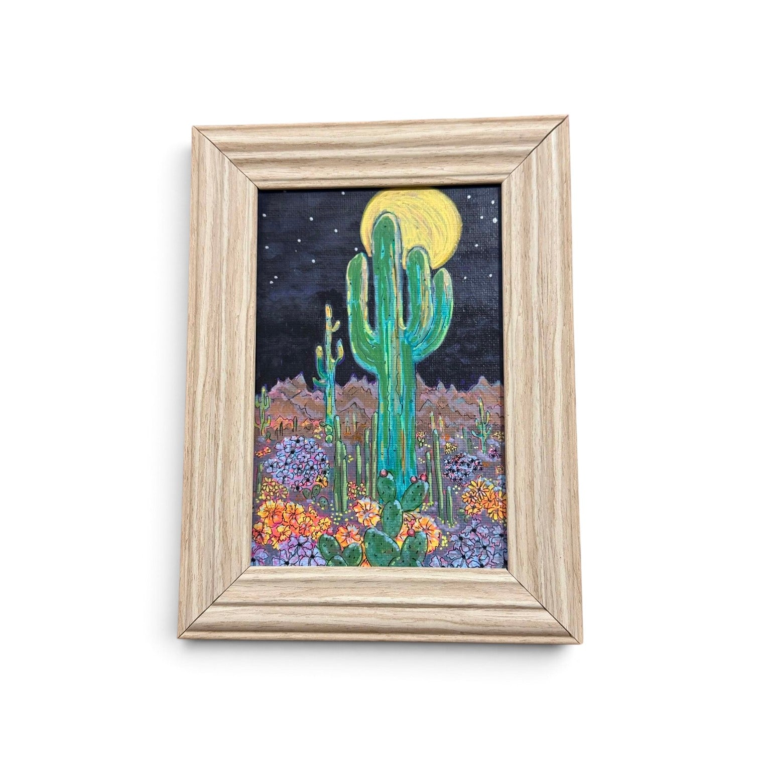 Celestial Saguaro at Night — Original 4x6 Framed Fine Art