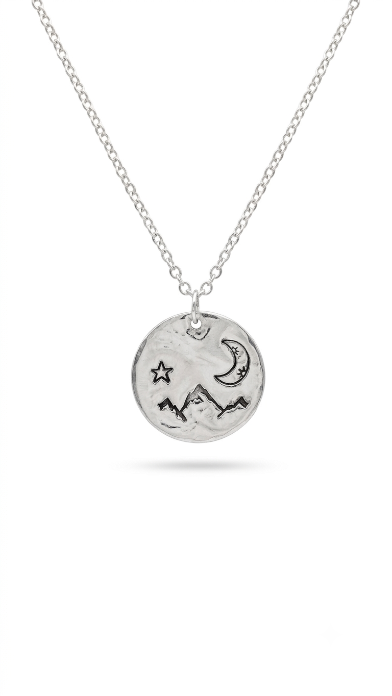 Celestial Mountain Night Handstamped Aluminum Pendant Necklace